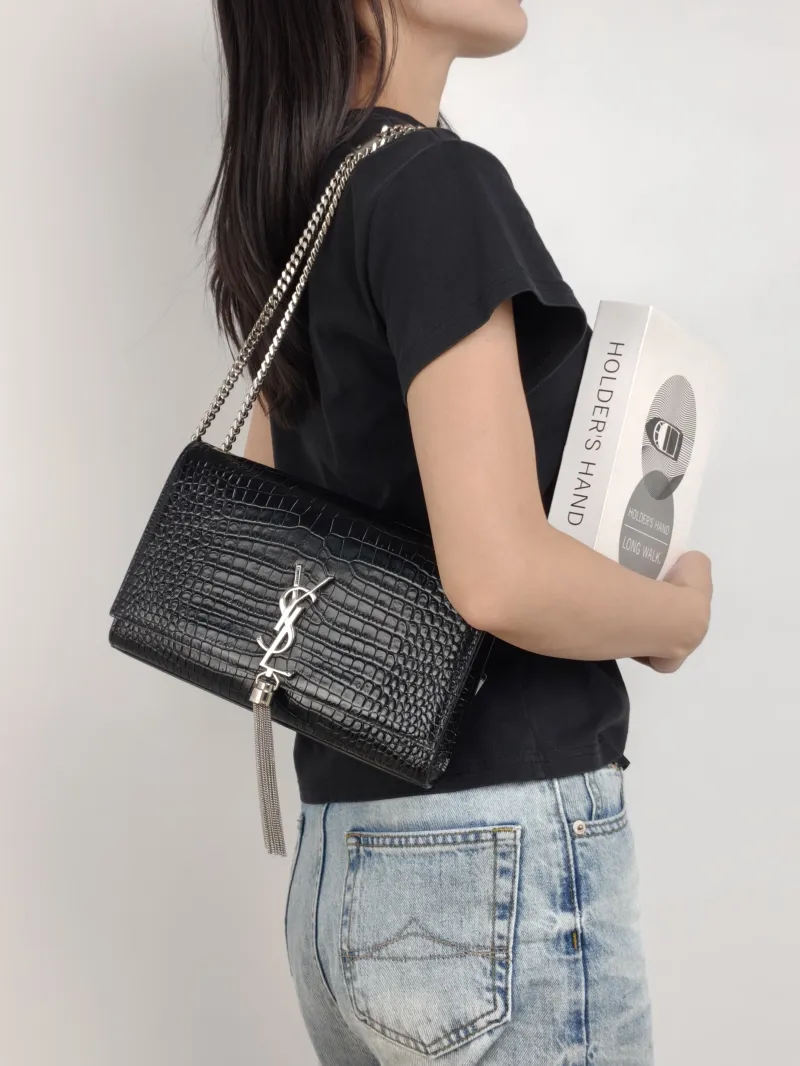 SAINT LAURENT Crossbody Bag KATE Edition Black Calfskin Medium 24 × 5.5 × 14.5 cm — on-model view 3 of 3