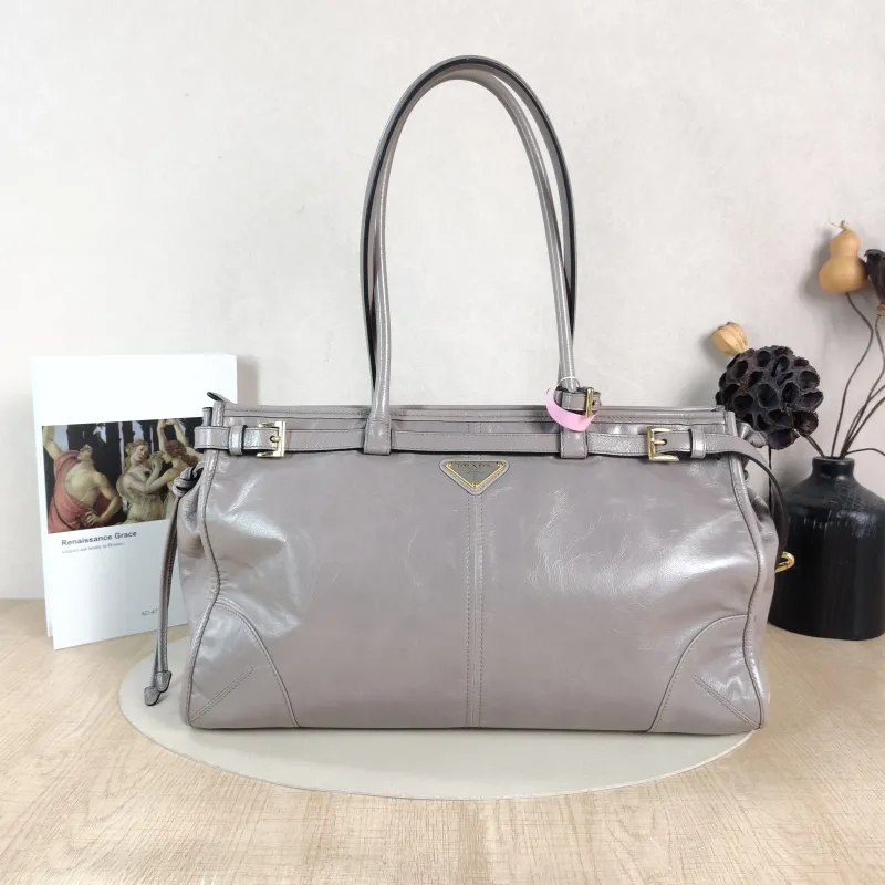 PRADA Shoulder Bag Bonnie Soft Lux Grey Waxed Leather Large 38 × 12 × 24 cm