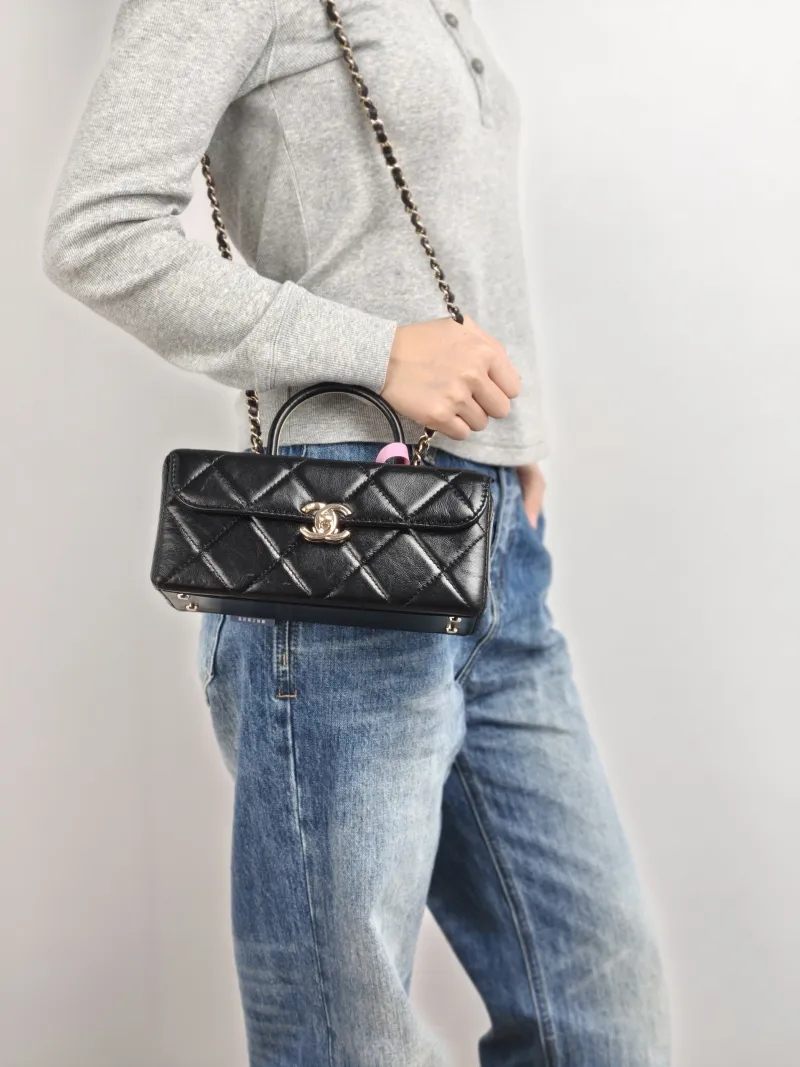 Chanel Crossbody Bag Box Bag Top Handle Crossbody Bag Black Calfskin 22 × 9 × 9.5 cm — on-model view 3 of 3