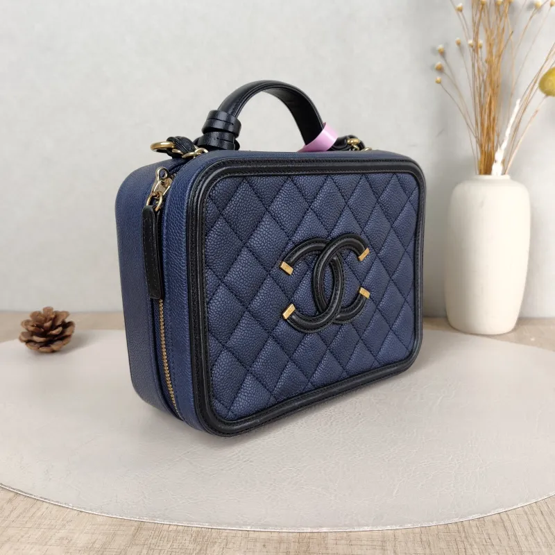 Chanel Crossbody Bag CC Filigree Vanity Cosmetic Bag Blue Black Grained Calfskin Medium 21 × 8 × 16 cm 22 — cover view 5 of 5