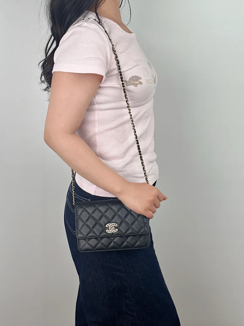 Chanel Crossbody Bag Classic Flap WOC CF WOCWOC Bag Woven c Black Calfskin One Size 19.2 × 3.5 × 12.3 cm — on-model view 1 of 2
