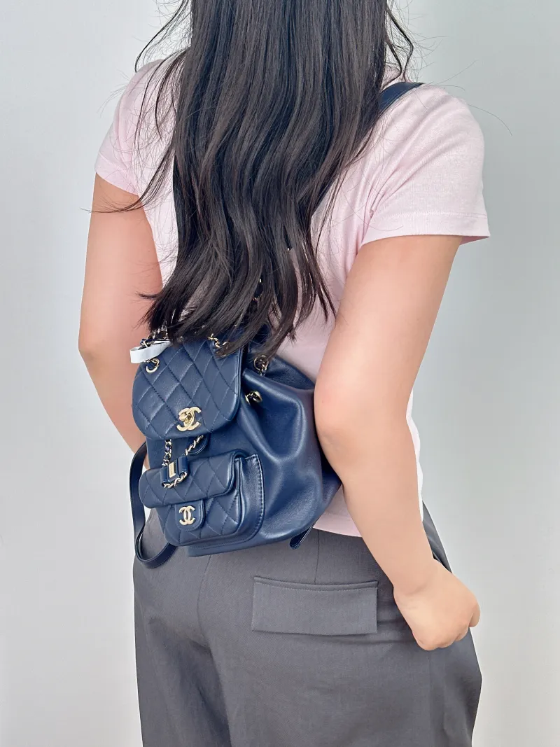 Chanel Backpack Duma Blue Lambskin Small18 × 12 × 18.5 cm — on-model view 2 of 2
