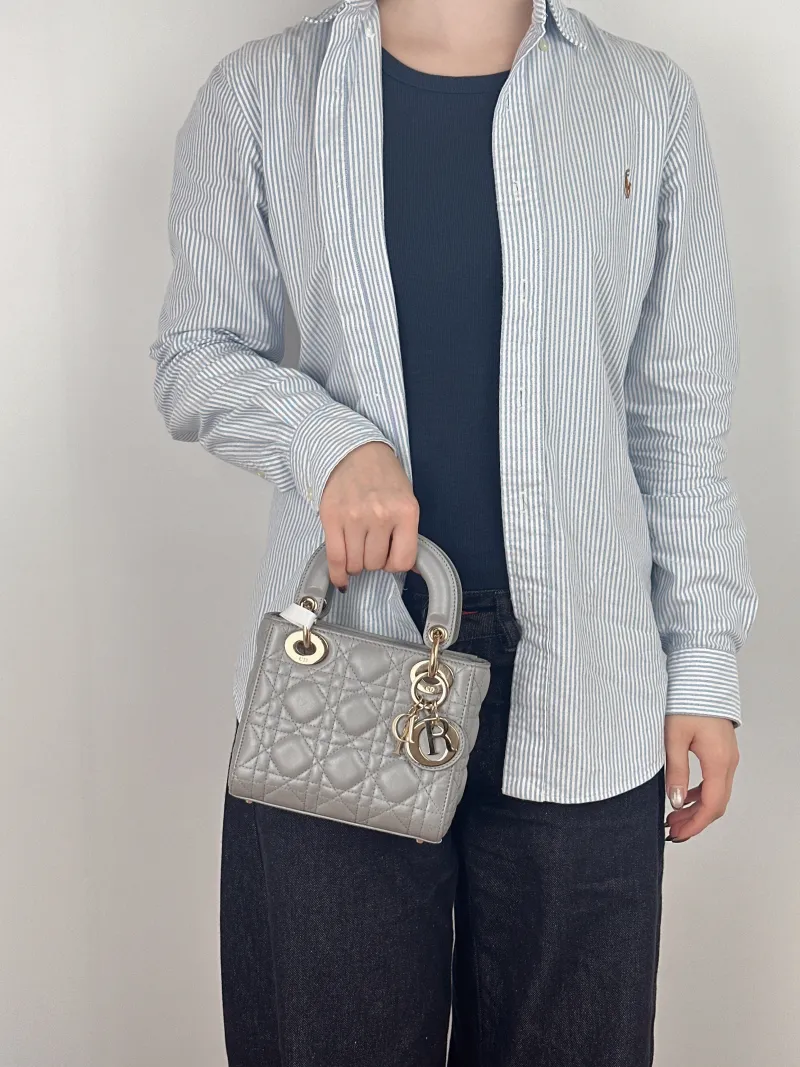 DIOR Crossbody Bag Lady Lady Dior Bag Grey Lambskin Mini 17 × 7 × 15 cm — on-model view 1 of 3