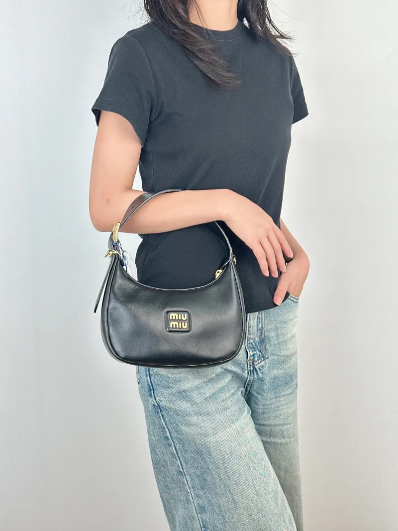 Miumiu Shoulder Bag Wander Hobo Black Calfskin Small20 × 6 × 17 cm — on-model view 1 of 2