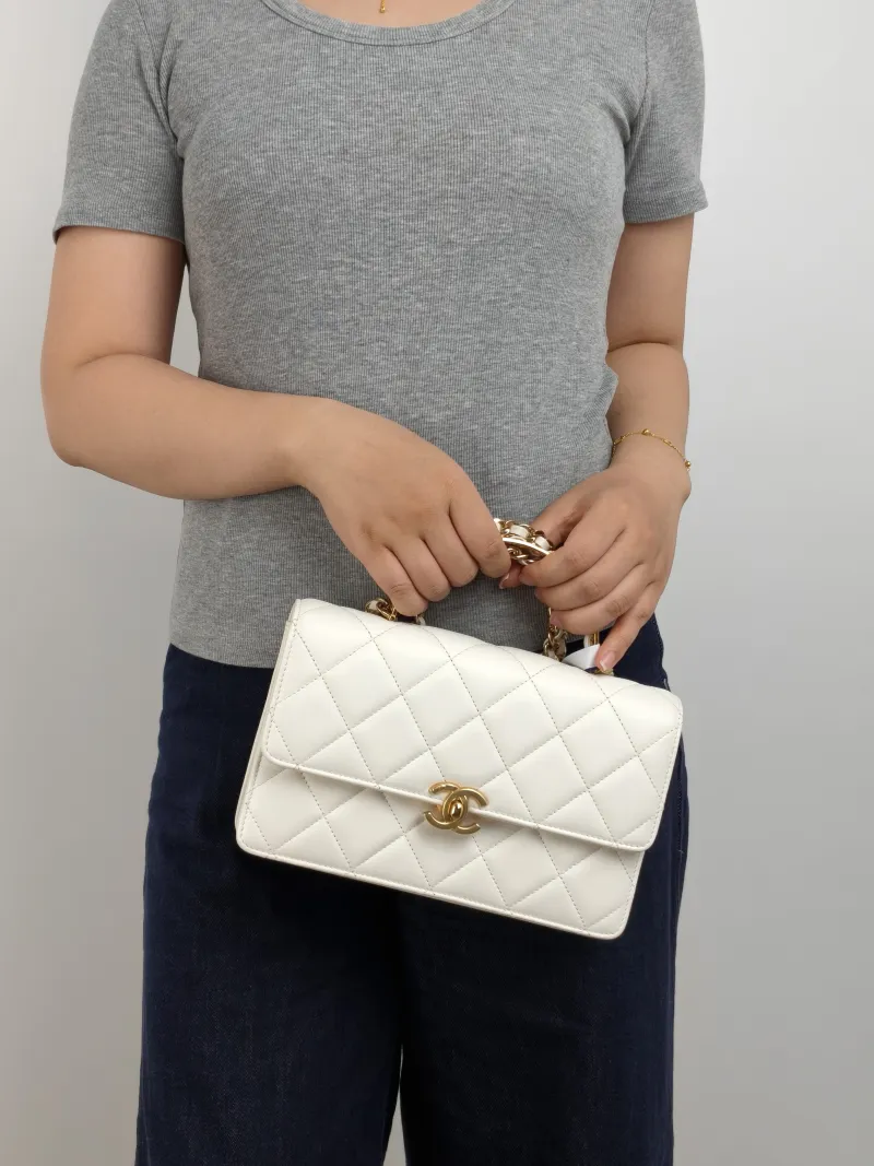 Chanel Crossbody Bag White Gold Calfskin One Size 23 × 5 × 15 cm — on-model view 2 of 3