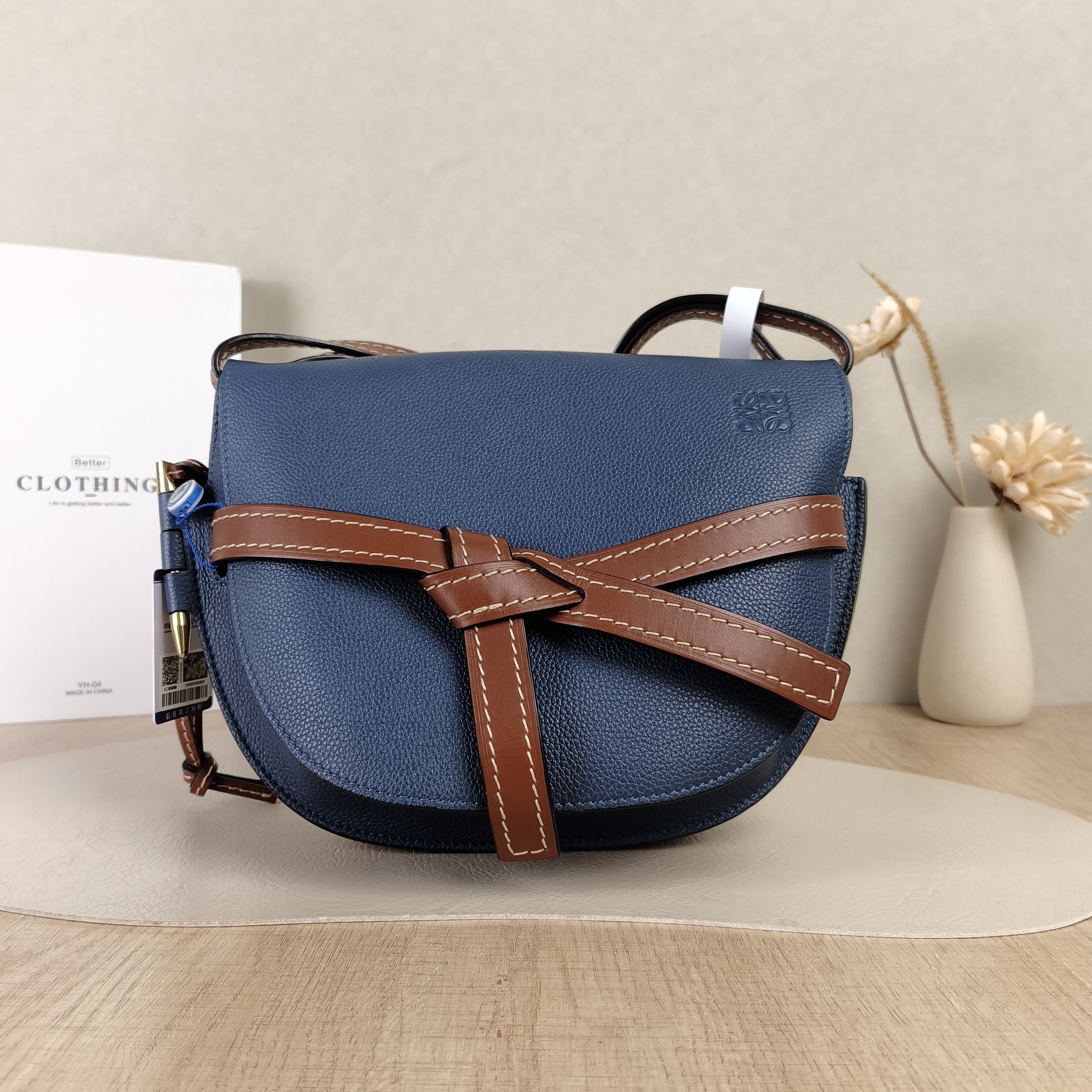 LOEWE Crossbody Bag Gate Blue Brown Calfskin Medium25 × 11.5 × 19 cm