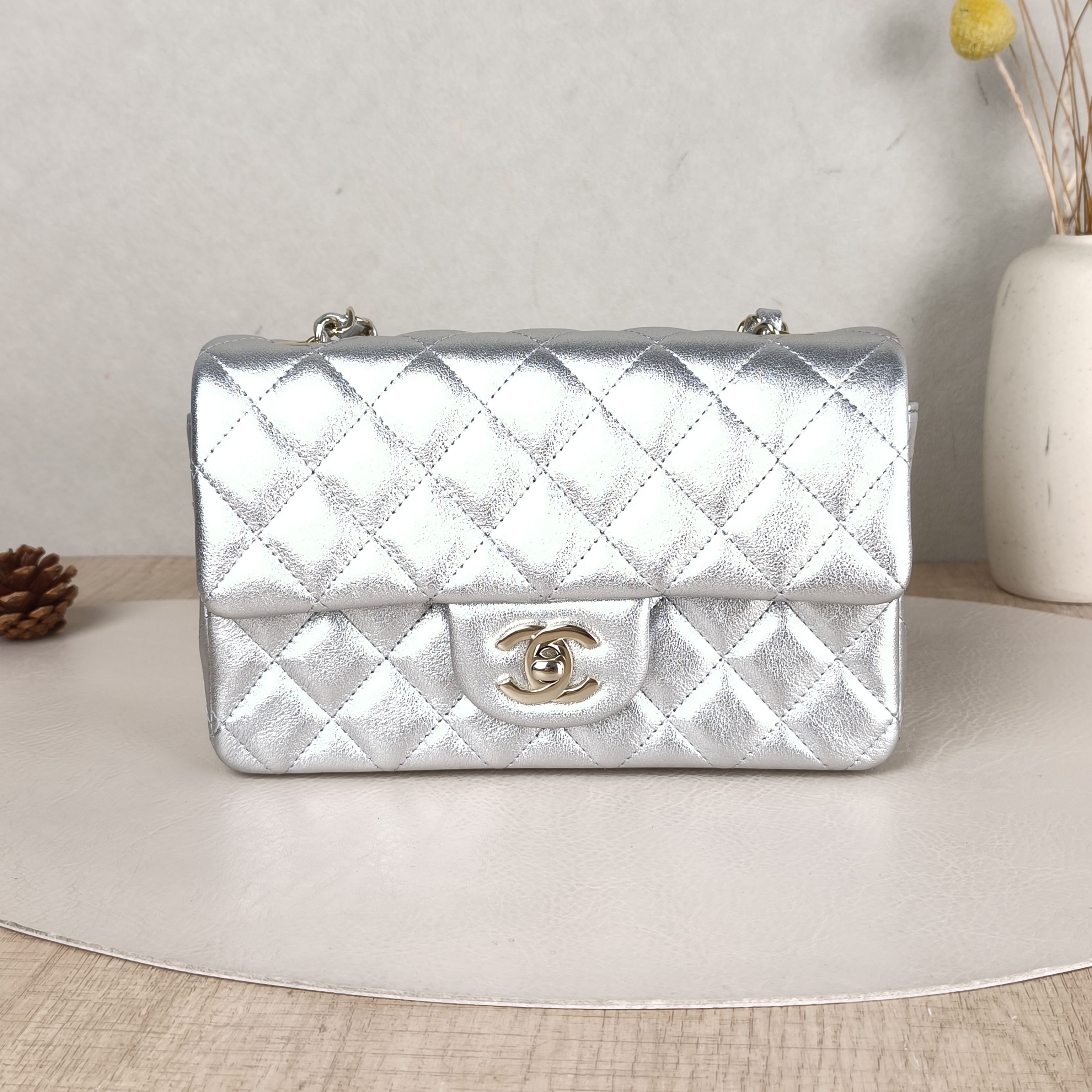 Chanel Crossbody Bag Classic Flap Large Mini CF Mini Silver Lambskin mini20 × 6 × 12 cm