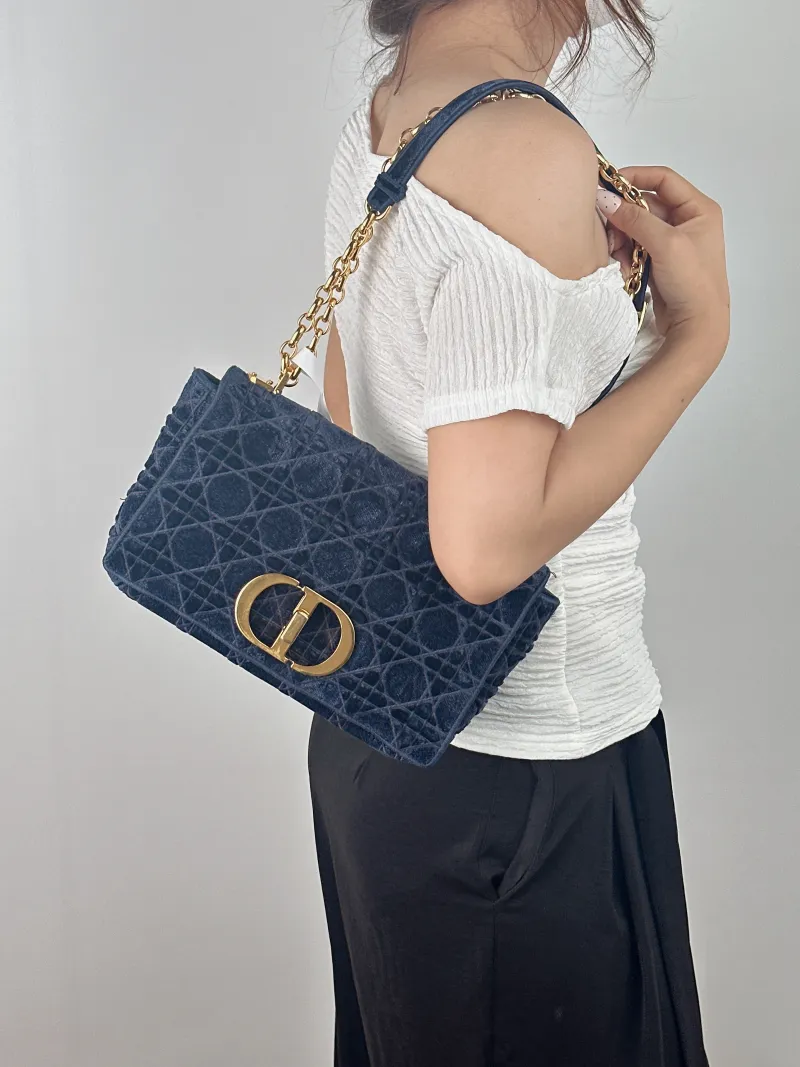 DIOR Crossbody Bag Caro Chain Bag Blue Velvet Medium 25.5 × 9 × 15.5 cm — on-model view 2 of 2