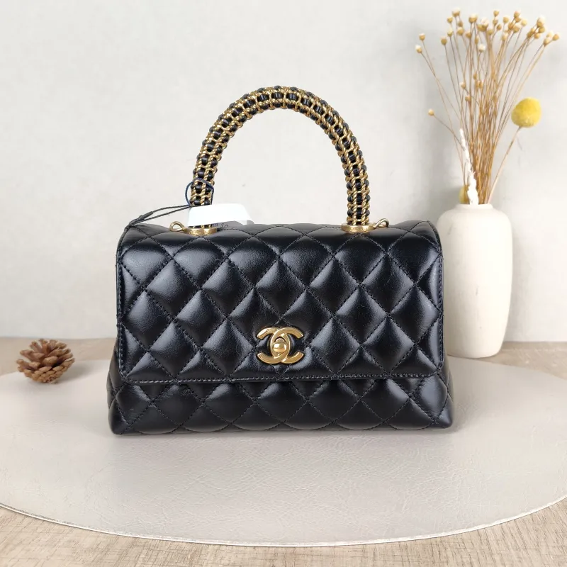 Chanel Crossbody Bag Coco Handle​ Woven Black Calfskin Small24 × 10 × 14 cm