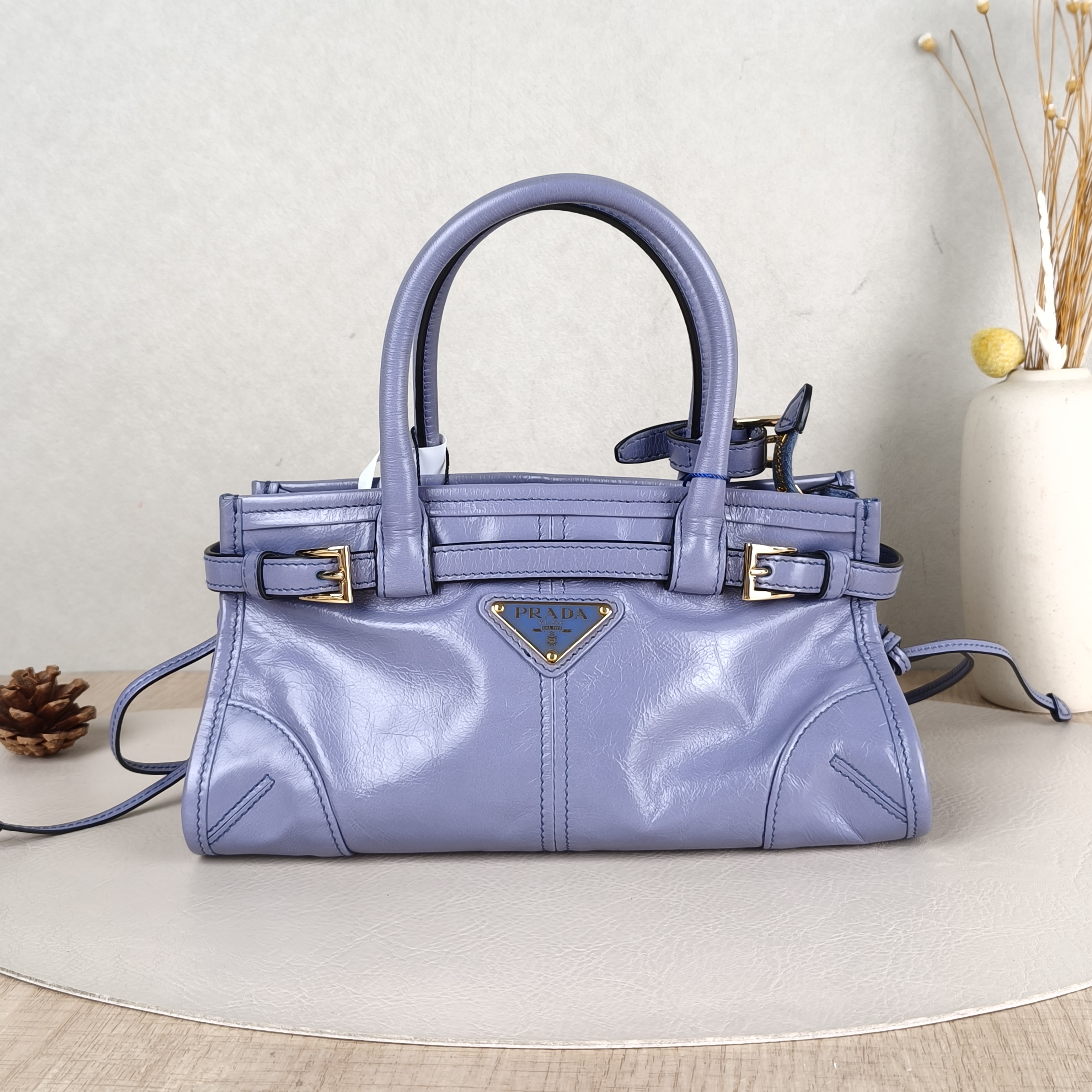 PRADA Top Handle Bag Bonnie Soft Lux Blue Waxed Leather Calfskinmini23.5 × 9 × 12 cm