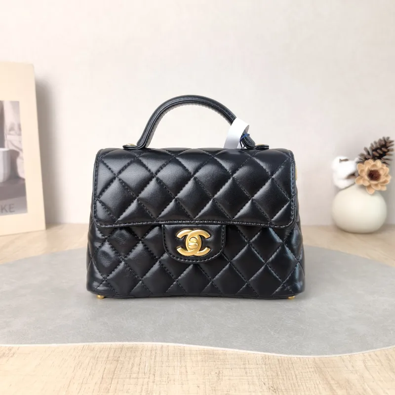 Chanel Crossbody Bag 25p Top Handle Crossbody Bag Black Lambskin Small 22 × 6 × 11.5 cm