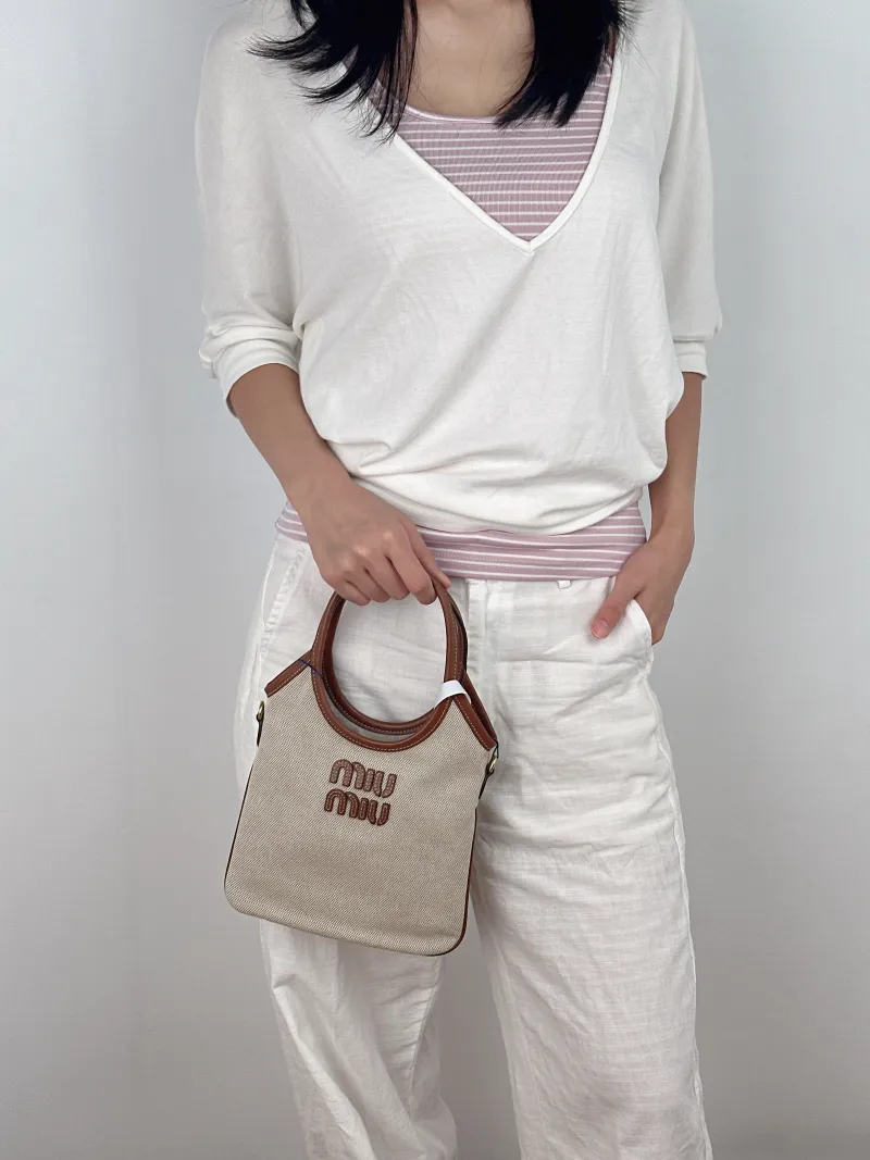 Miumiu Shoulder Bag IVY Tote Shopping Tote Beige Brown Canvas Mini 20*24 — on-model view 3 of 3