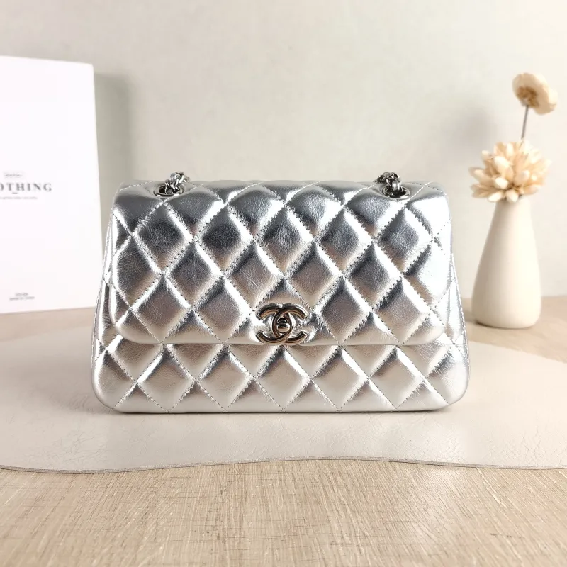 Chanel Crossbody Bag Crossbody Bag Silver Calfskin One Size 23 × 5.5 × 14 cm