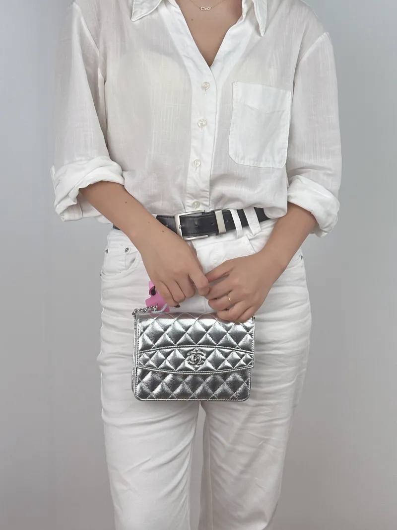 Chanel Backpack Backpack Silver Grained Calfskin One Size 18.2 × 5 × 14 cm — on-model view 2 of 2