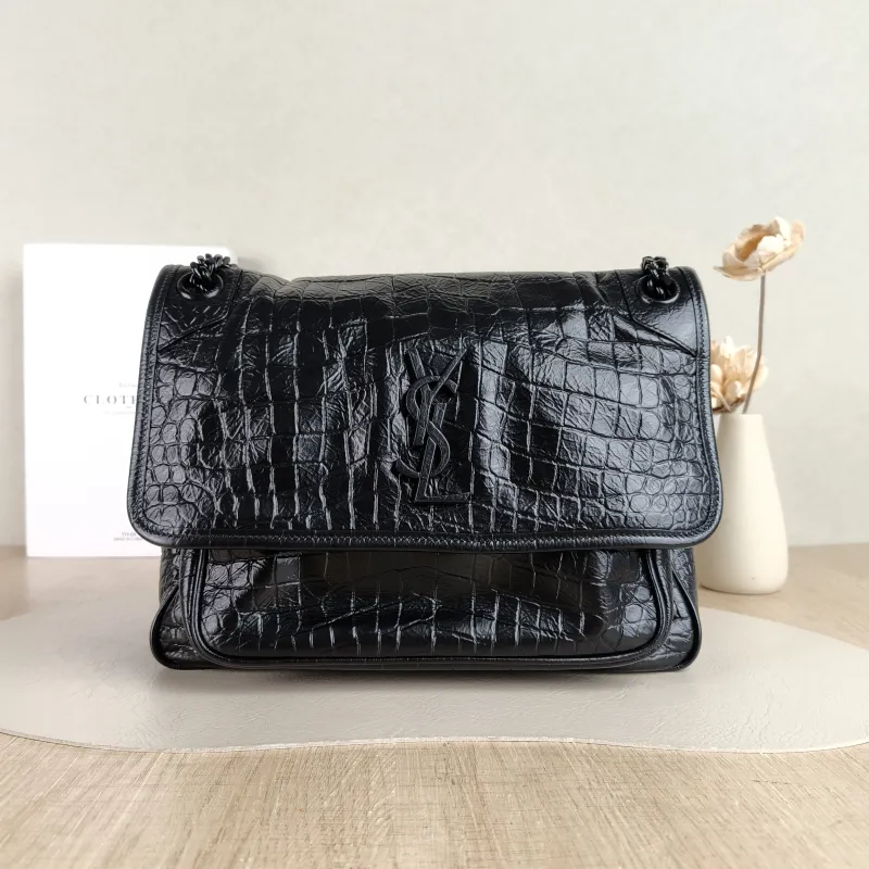 SAINT LAURENT Crossbody Bag Niki Black Waxed Leather Calfskin Medium 28 × 8.5 × 20 cm