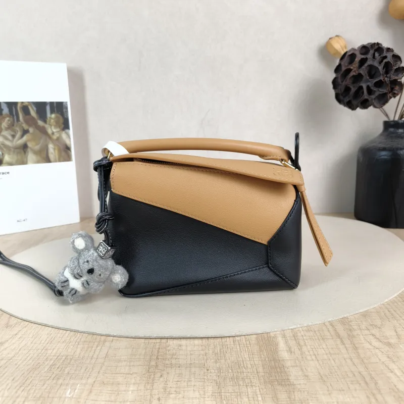 LOEWE Crossbody Bag Puzzle Black Brown Calfskin Mini 18 × 8 × 12.5 cm