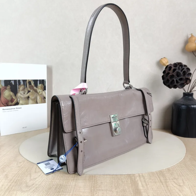 PRADA Shoulder Bag Shoulder Bag Grey Waxed Leather Calfskin One Size 32 × 10 × 17 cm — cover view 4 of 6