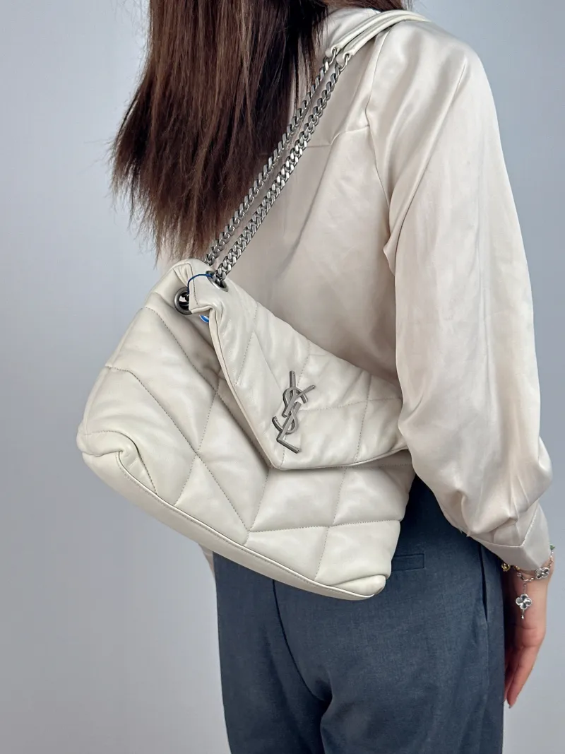 SAINT LAURENT Shoulder Bag PUFFER White Lambskin Small 29 × 11 × 17 cm — on-model view 2 of 2