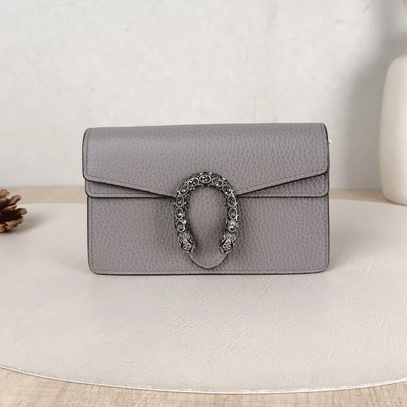 GUCCI Crossbody Bag Dionysus Grey Calfskin Mini 16.5 × 4.5 × 10 cm