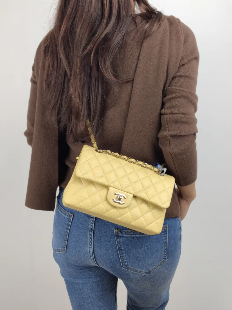 Chanel Crossbody Bag Classic Flap CF Yellow Grained Calfskin Small 23 × 6 × 14.5 cm — on-model view 1 of 2