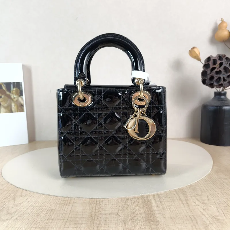 DIOR Top Handle Bag Lady Lady Dior Bag Black Leather Patent Leather Patent Small20 × 8 × 18 cm