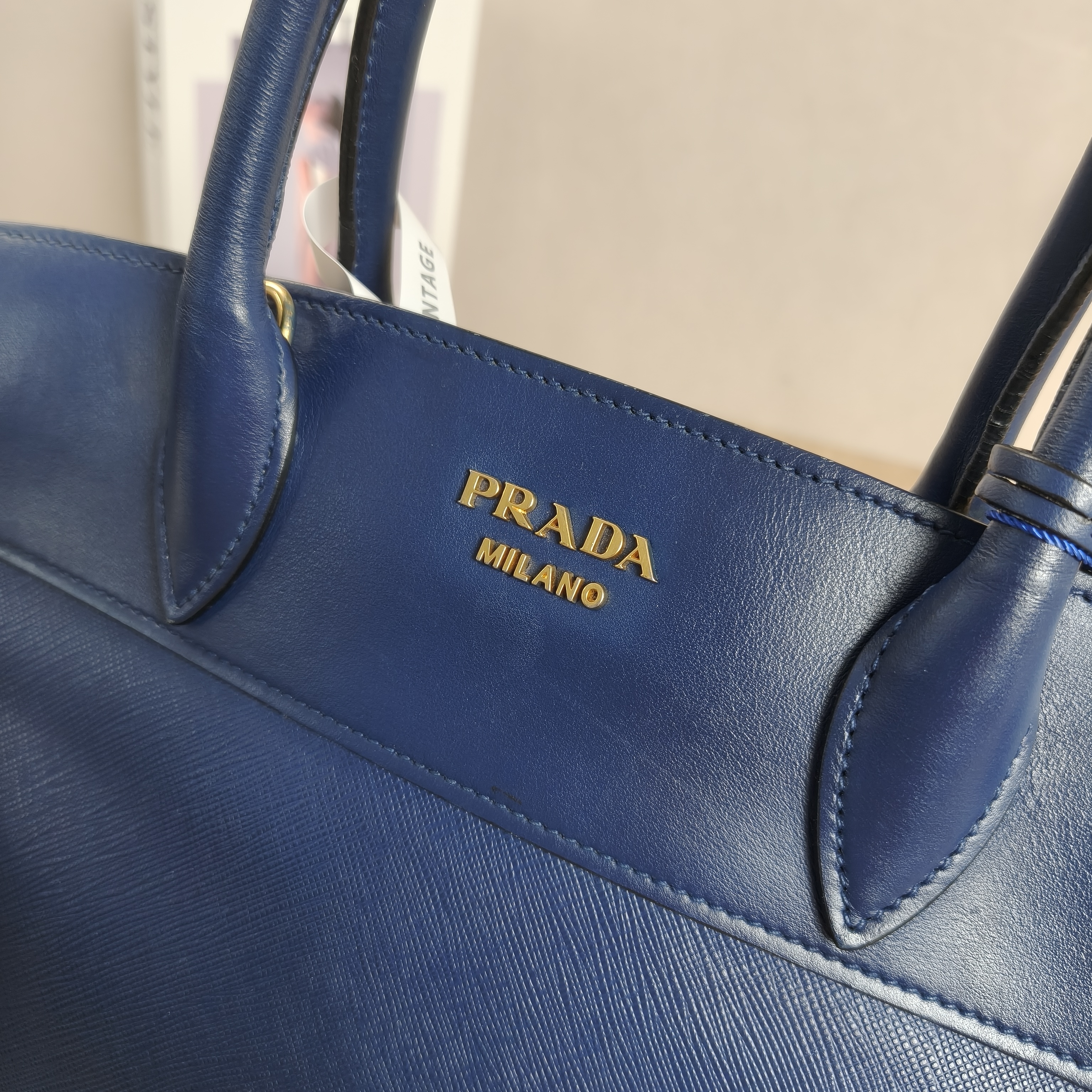 PRADA Shoulder Bag Blue Calfskin · Shoulder Strap Leather Tag Dust Bag · 30 × 14 × 23 cm — cover view 7 of 12