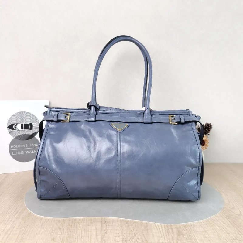 PRADA Shoulder Bag Bonnie Soft Lux Blue Waxed Leather Large 38 × 12 × 24 cm