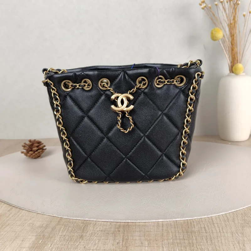 Chanel Shoulder Bag Bucket Bag Black Lambskin One Size 22 × 8 × 17 cm