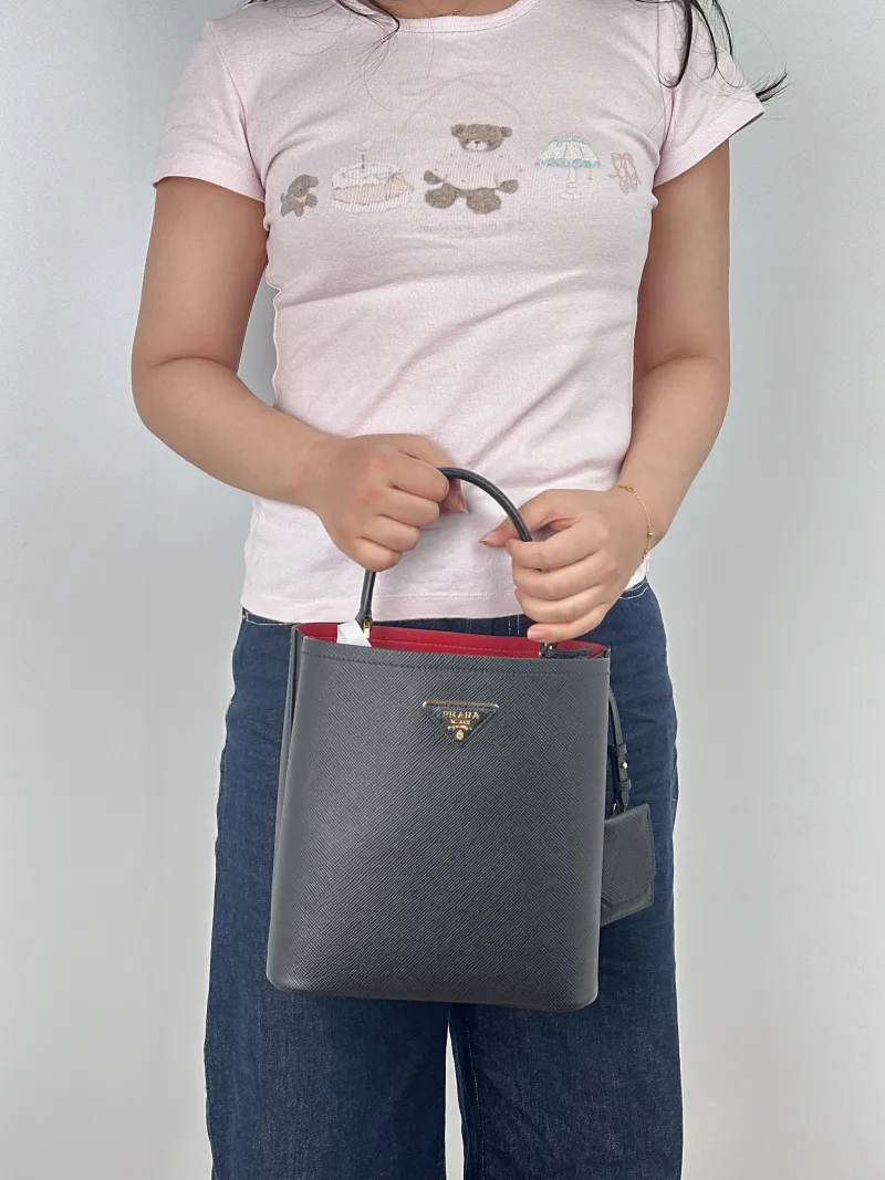 PRADA Shoulder Bag Panier Black Calfskin One Size 21.5 × 13 × 22.5 cm — on-model view 1 of 2