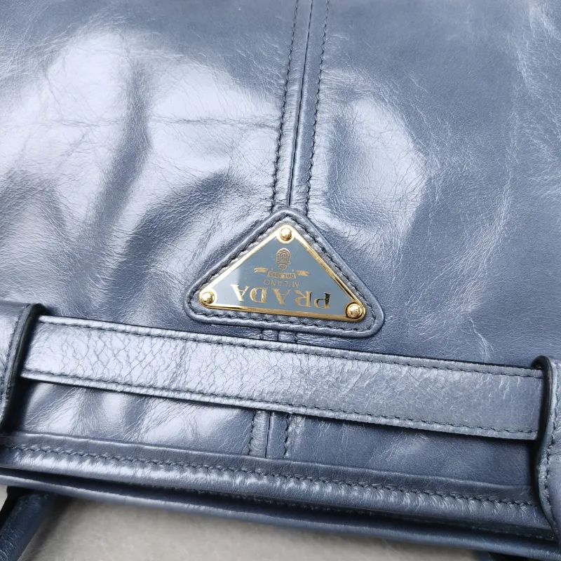 PRADA Shoulder Bag Bonnie Soft Lux Blue Waxed Leather Large 38 × 12 × 24 cm — detail view 7 of 11