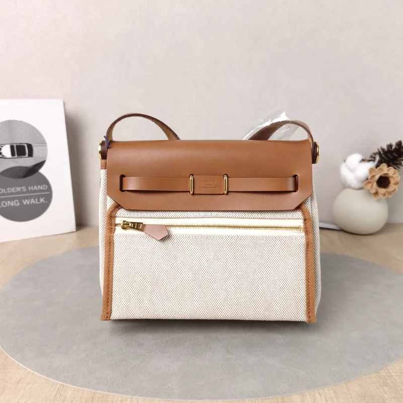 Hermès Crossbody Bag Herbag Zip 20 Beige Brown Calfskin,Canvas Mini 20.5 × 7 × 16.5 cm G — cover view 6 of 6