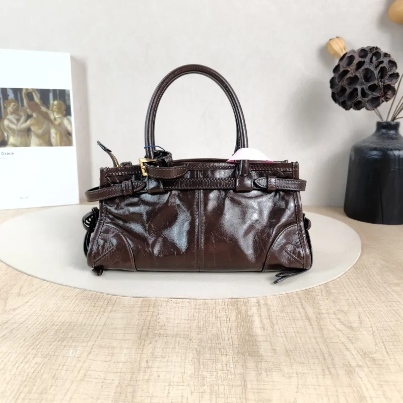 PRADA Top Handle Bag Bonnie Soft Lux Brown Waxed Leather Mini 23.5 × 9 × 12 cm — cover view 4 of 5