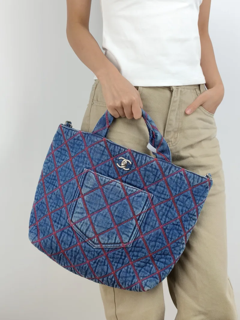 Chanel Shoulder Bag Tote Bag Blue One Size 30 × 12 × 30 cm — on-model view 2 of 2