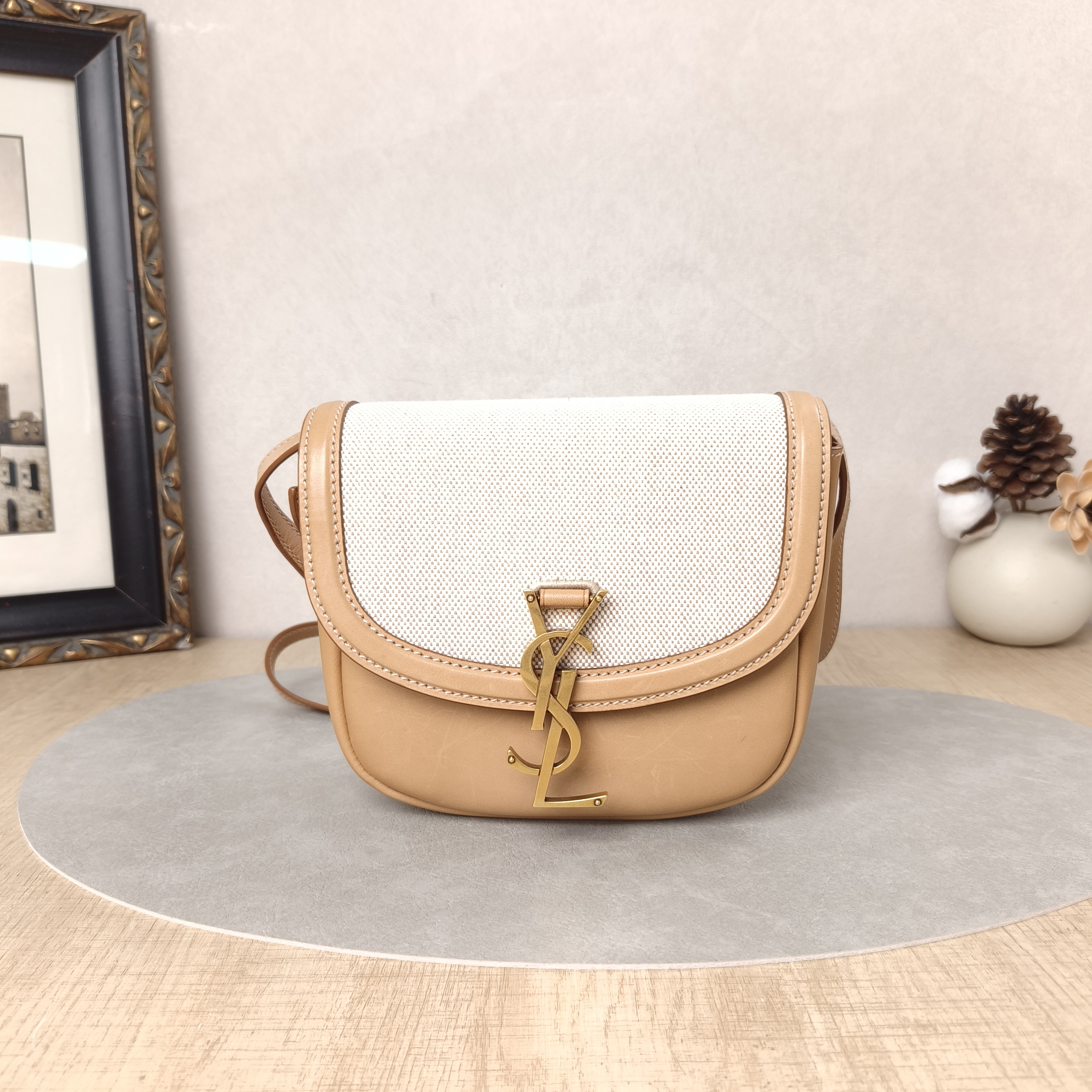 SAINT LAURENT Shoulder Bag Kaia Brown Beige Canvas · Calfskin Small 18 × 5.5 × 15.5 cm