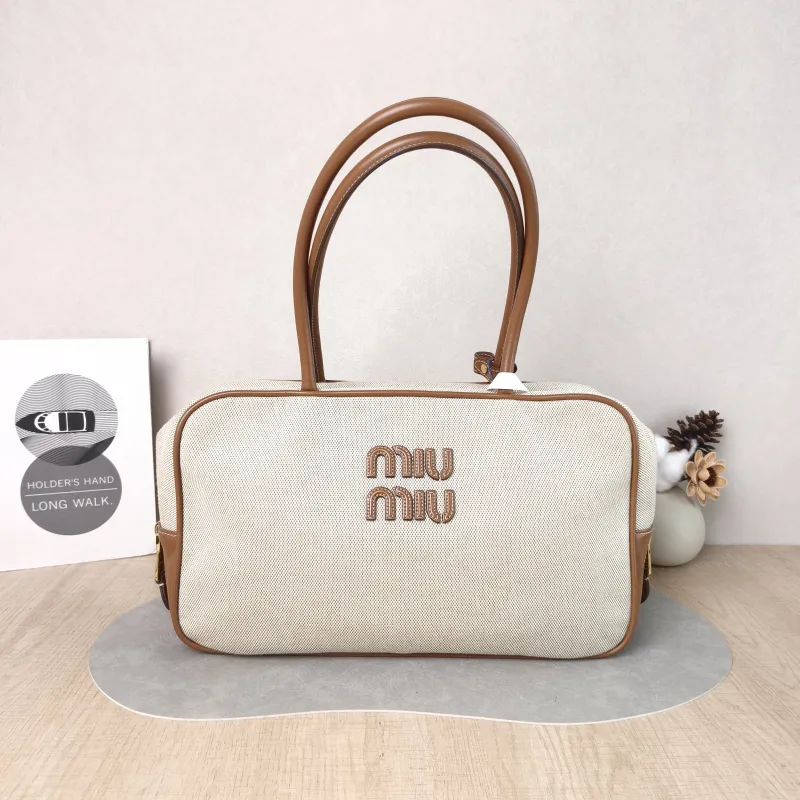 Miumiu Top Handle Bag Beau Brown Canvas · Calfskin Large 34 × 10 × 20 cm