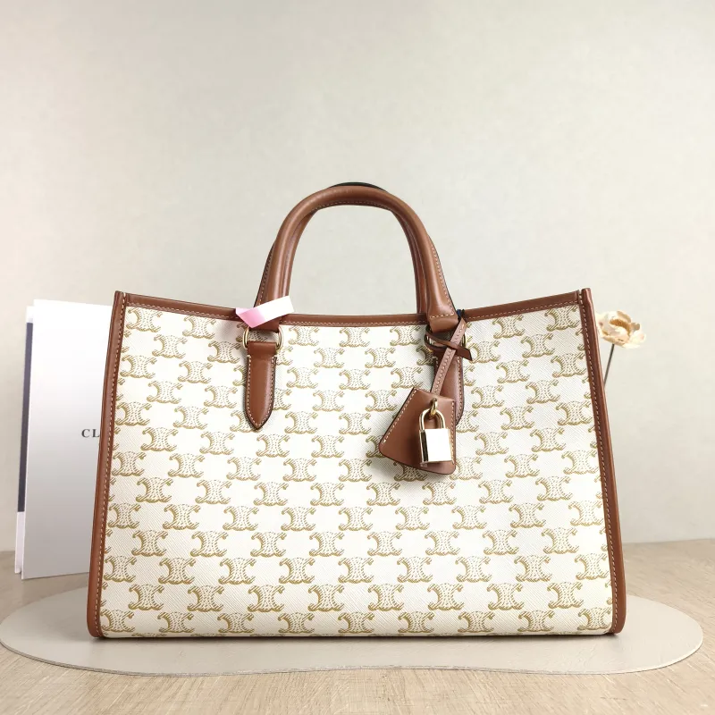 CELINE Top Handle Bag Horizontal Cabas Shopping Tote Beige PVC Mini 34 × 12 × 22.5 cm