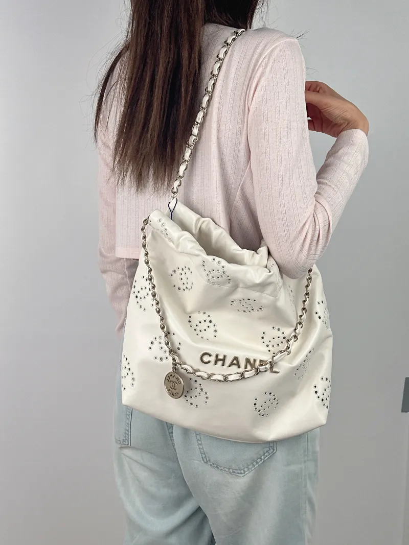 Chanel Shoulder Bag 22Bag White Gold Calfskin Small 35 × 7 × 37 cm — on-model view 2 of 2