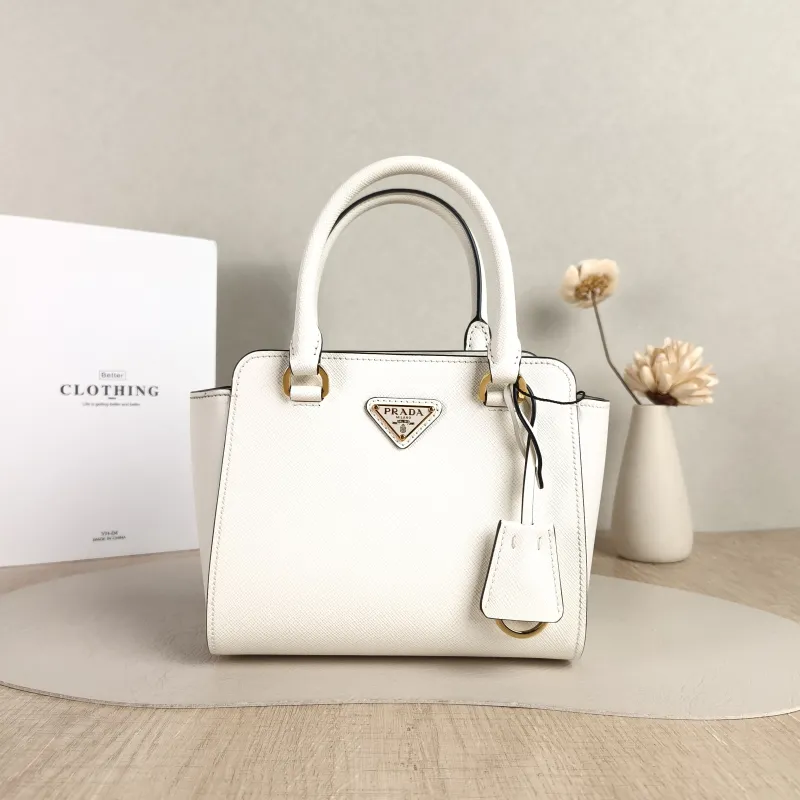 PRADA Top Handle Bag Saffiano White Calfskin One Size 18 × 9 × 15 cm