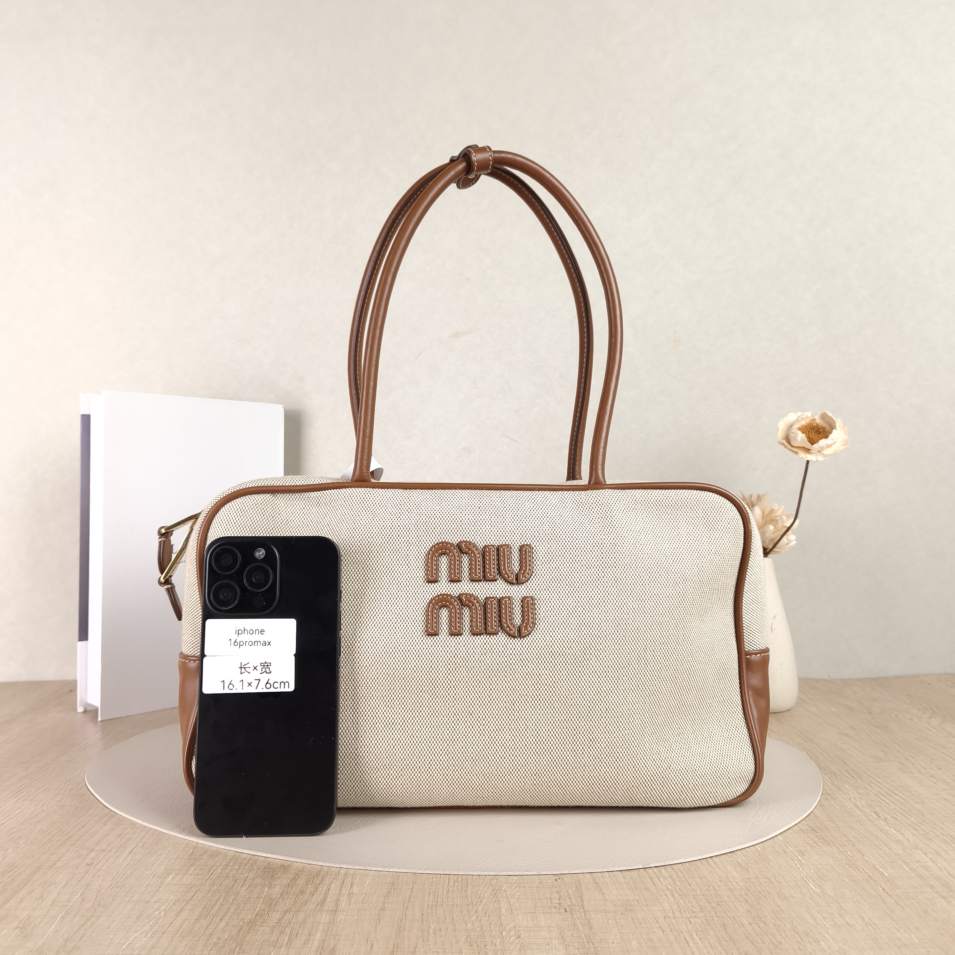 Miumiu Top Handle Bag Beau Brown Canvas · Calfskin Large34 × 10 × 20 cm — cover view 5 of 5