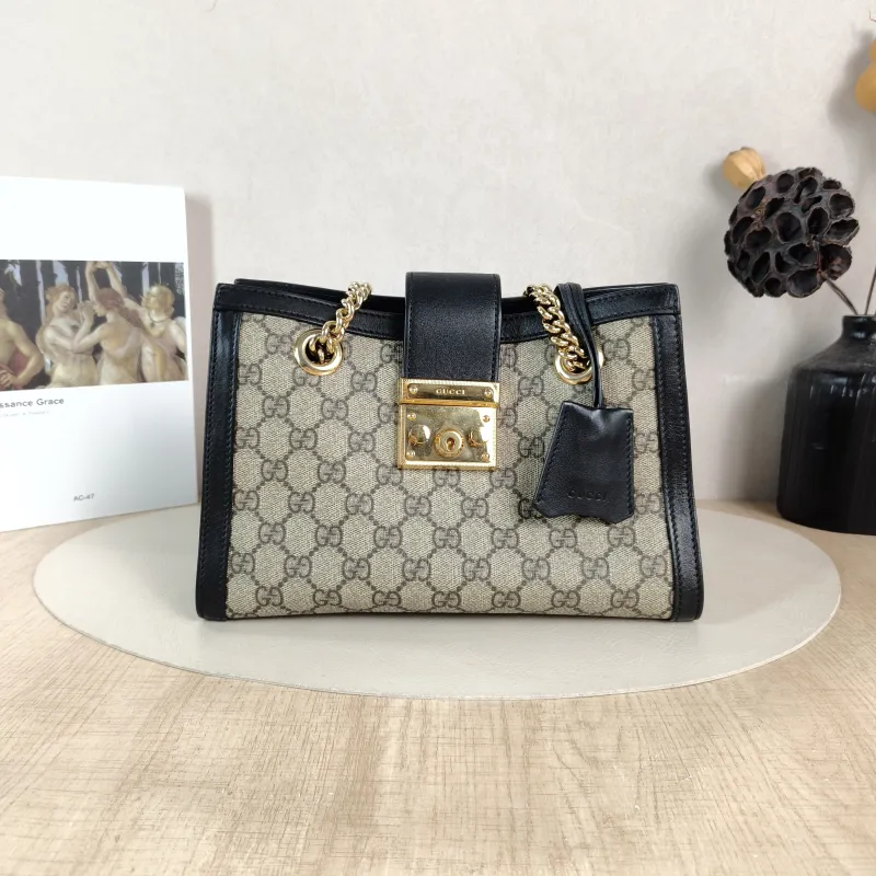 GUCCI Shoulder Bag Padlock Tote Black Monogram PVC Medium 26 × 10 × 18 cm