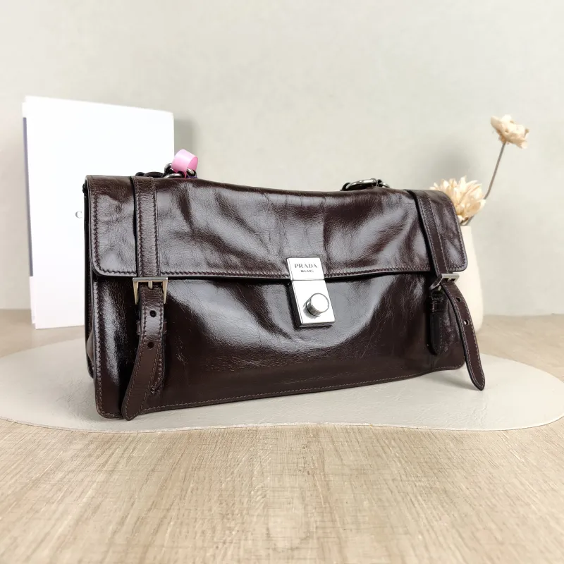 PRADA Top Handle Bag Tote Bag Brown Waxed Leather One Size 31.5 × 11 × 17 cm — cover view 5 of 5