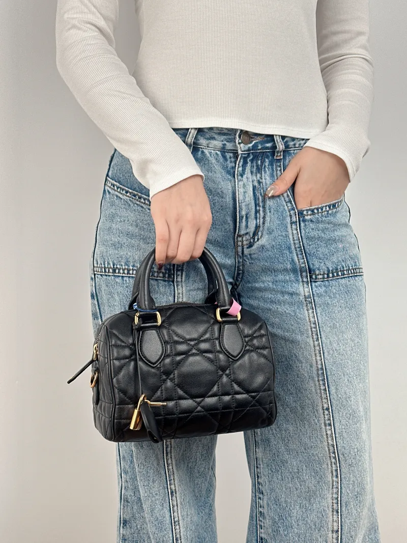 DIOR Crossbody Bag Groove 20 Top Handle Bag Black Calfskin Small 20.5 × 12 × 13.5 cm — on-model view 2 of 3