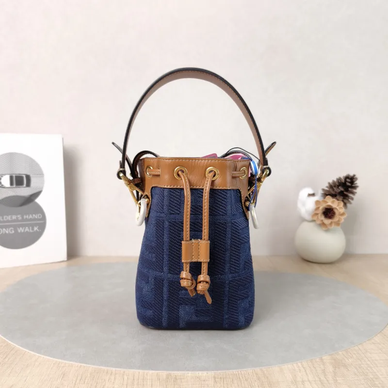 FENDI Crossbody Bag Mon Tresor Bucket Bag Blue Brown Calfskin，Canvas Mini 12 × 10 × 18 cm