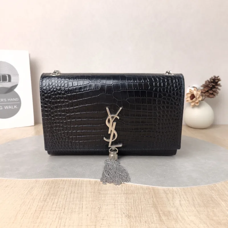 SAINT LAURENT Crossbody Bag KATE Edition Black Calfskin Medium 24 × 5.5 × 14.5 cm