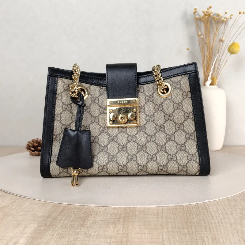 GUCCI Shoulder Bag Padlock Tote Black Monogram PVC Medium 26 × 10 × 18 cm