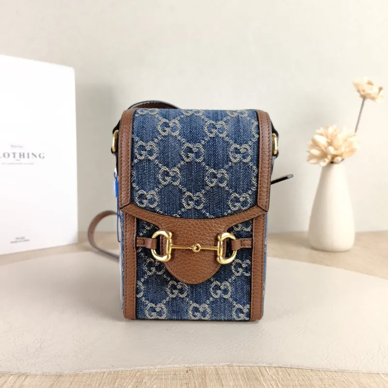 GUCCI Crossbody Bag Horsebit 1955Collection Mini Blue Brown · Calfskin Mini 11.5 × 4 × 17 cm