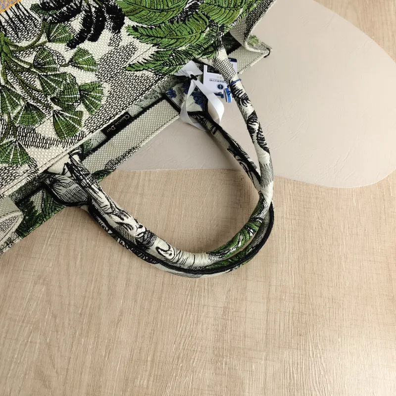 DIOR Top Handle Bag Book Tote Embroidered Green Canvas Large 42 × 18.5 × 35 cm — detail view 3 of 9