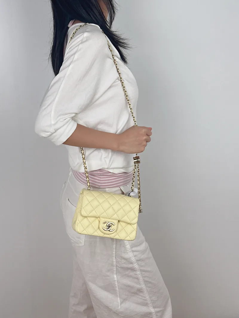 Chanel Crossbody Bag c Yellow Lambskin Mini 17 × 8 × 13.5 cm — on-model view 2 of 3