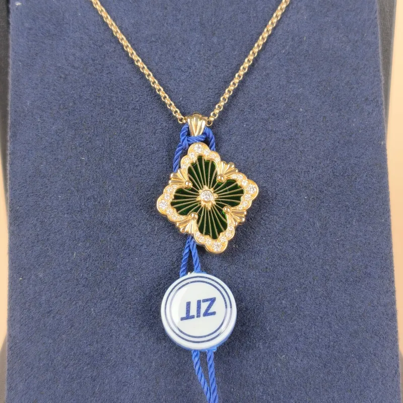 BUCCELLATI Necklace Opera Tulle Enamel Pendant Necklace Green 18KY ellow Gold Diamond Large 43cm — cover view 6 of 12
