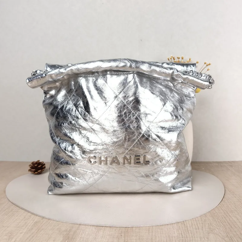 Chanel Shoulder Bag 22Bag Silver Calfskin Small 35 × 7 × 37 cm